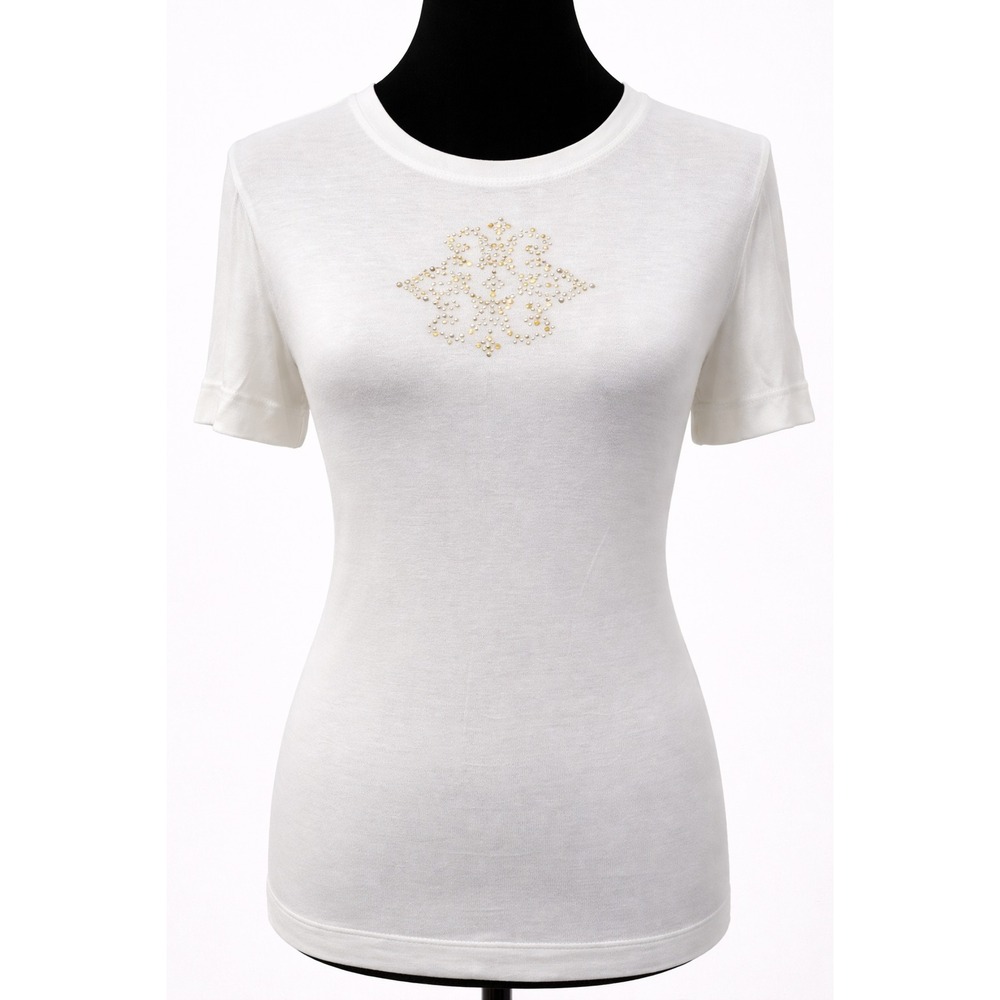 ST JOHN Sport Womens Short Sleeve T-Shirt Top Small Cream Viscose Stretch Studs